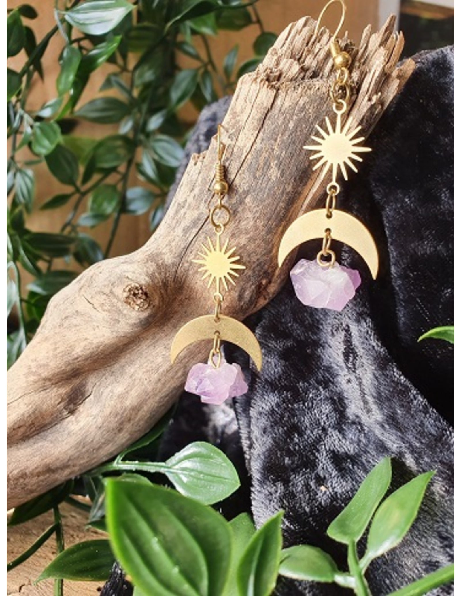 Amethist ruw Star&Moon oorbellen
