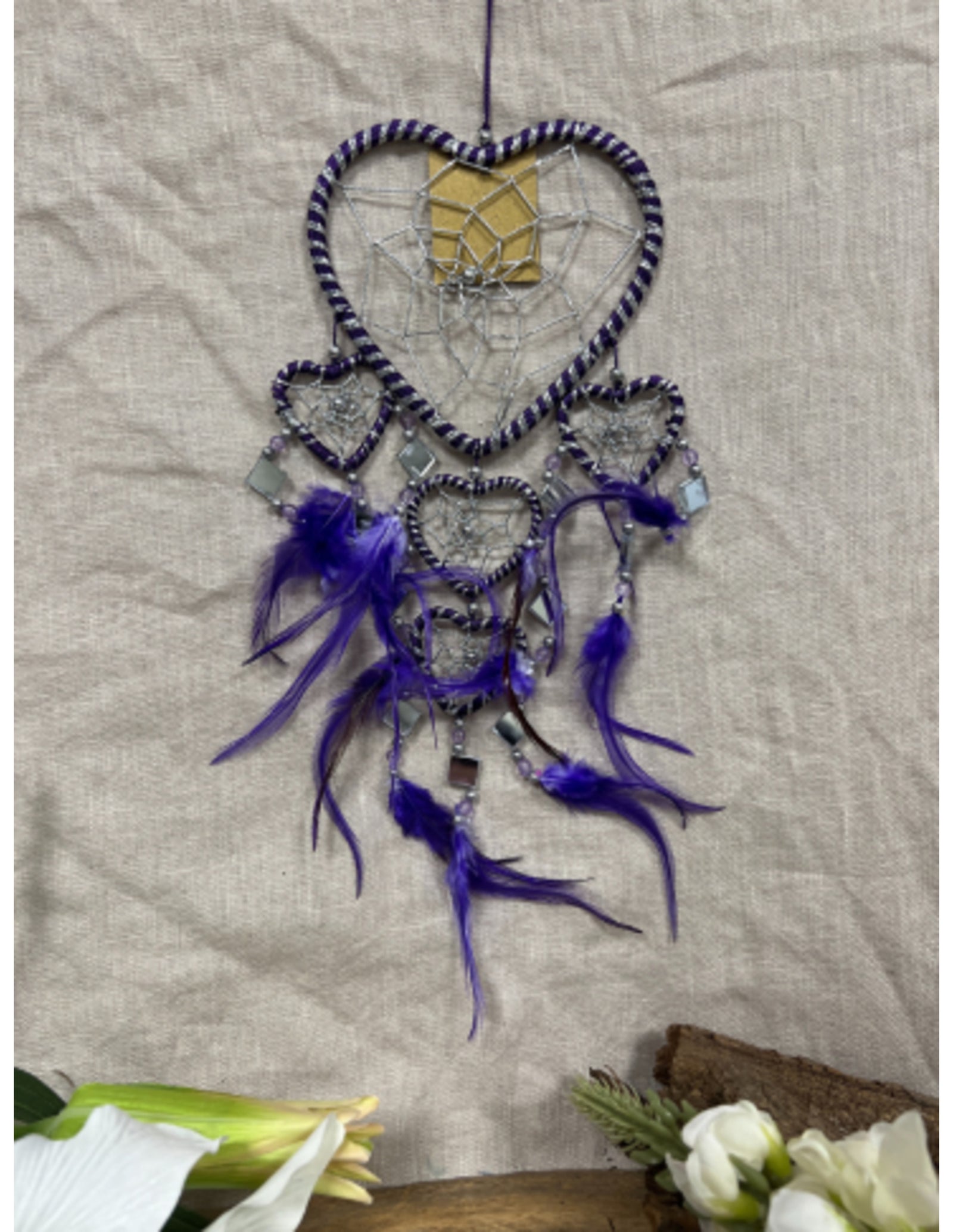 Dromenvanger hartje met spiegels - paars - 11 cm - Dreamcatcher