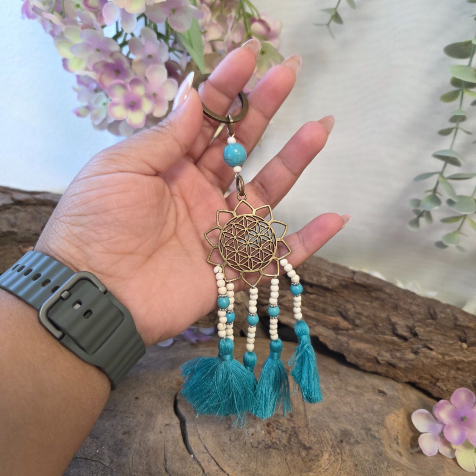 Ibiza sleutelhanger - Flower of life - turquoise & bronskleur