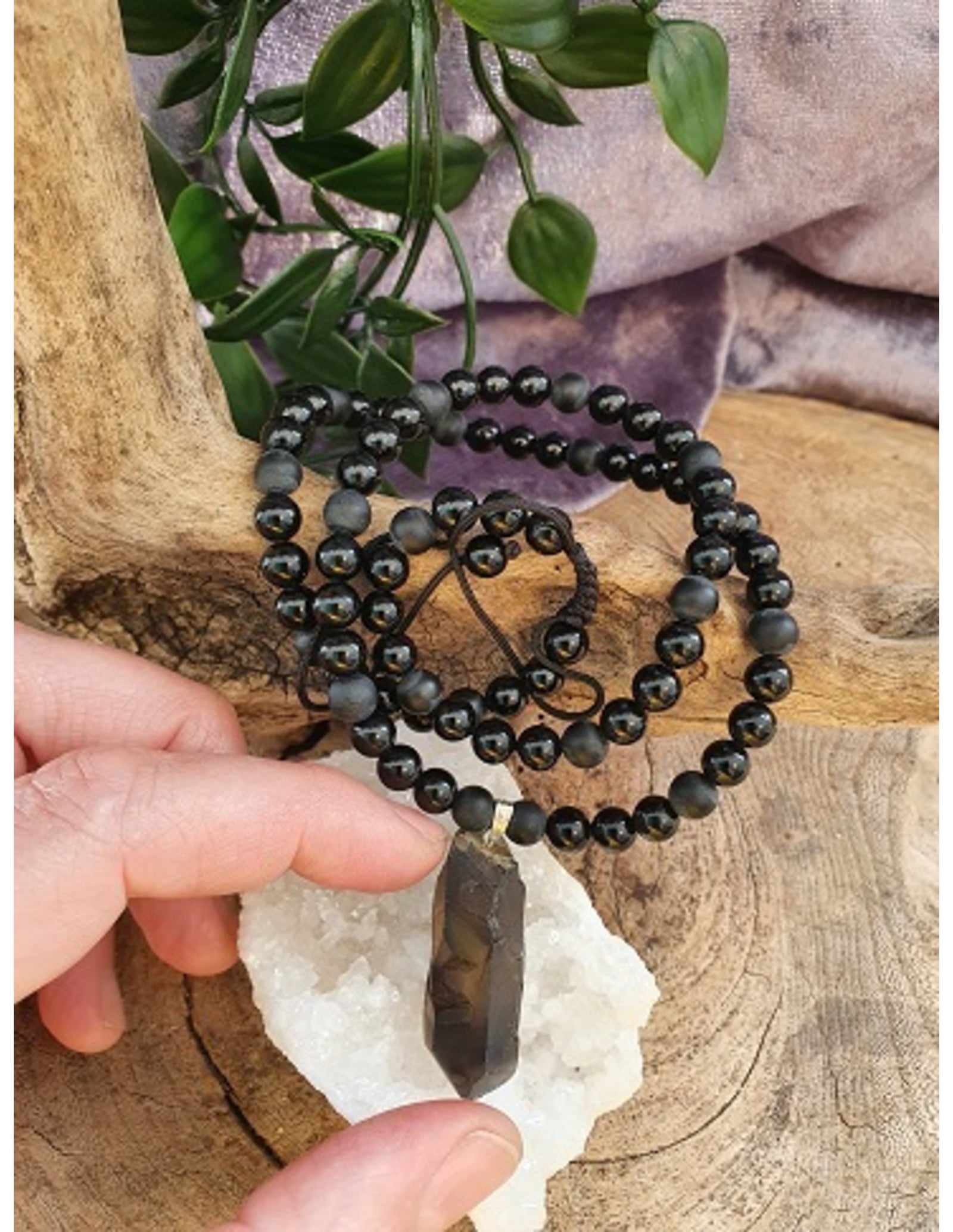 Obsidiaan zwart kralenketting mannen met Rookwarts ruwe punt