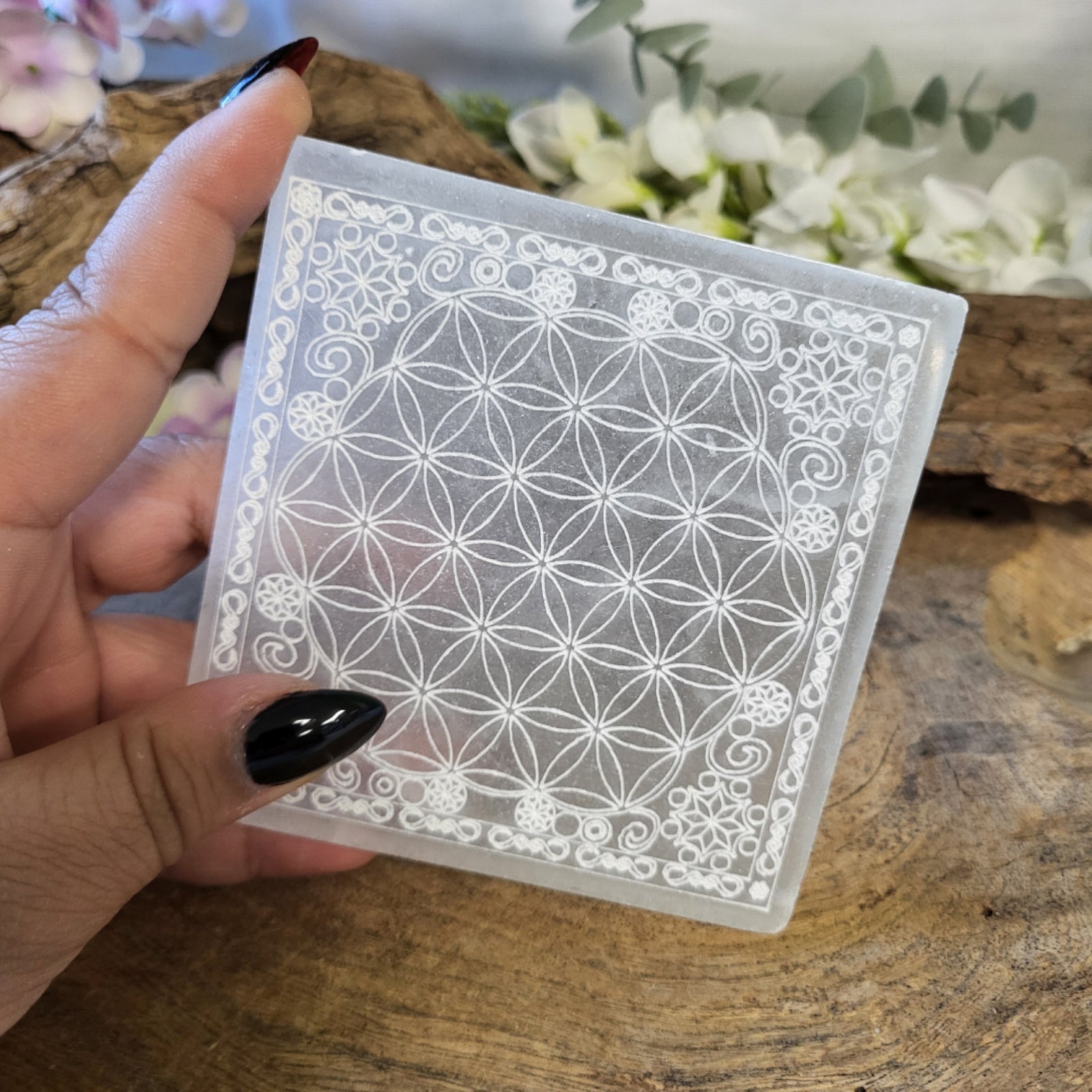 Seleniet oplaadsteen vierkant levensbloem 10 cm