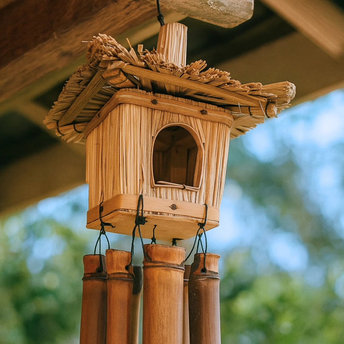 Bamboe windgong met vogelhuisje