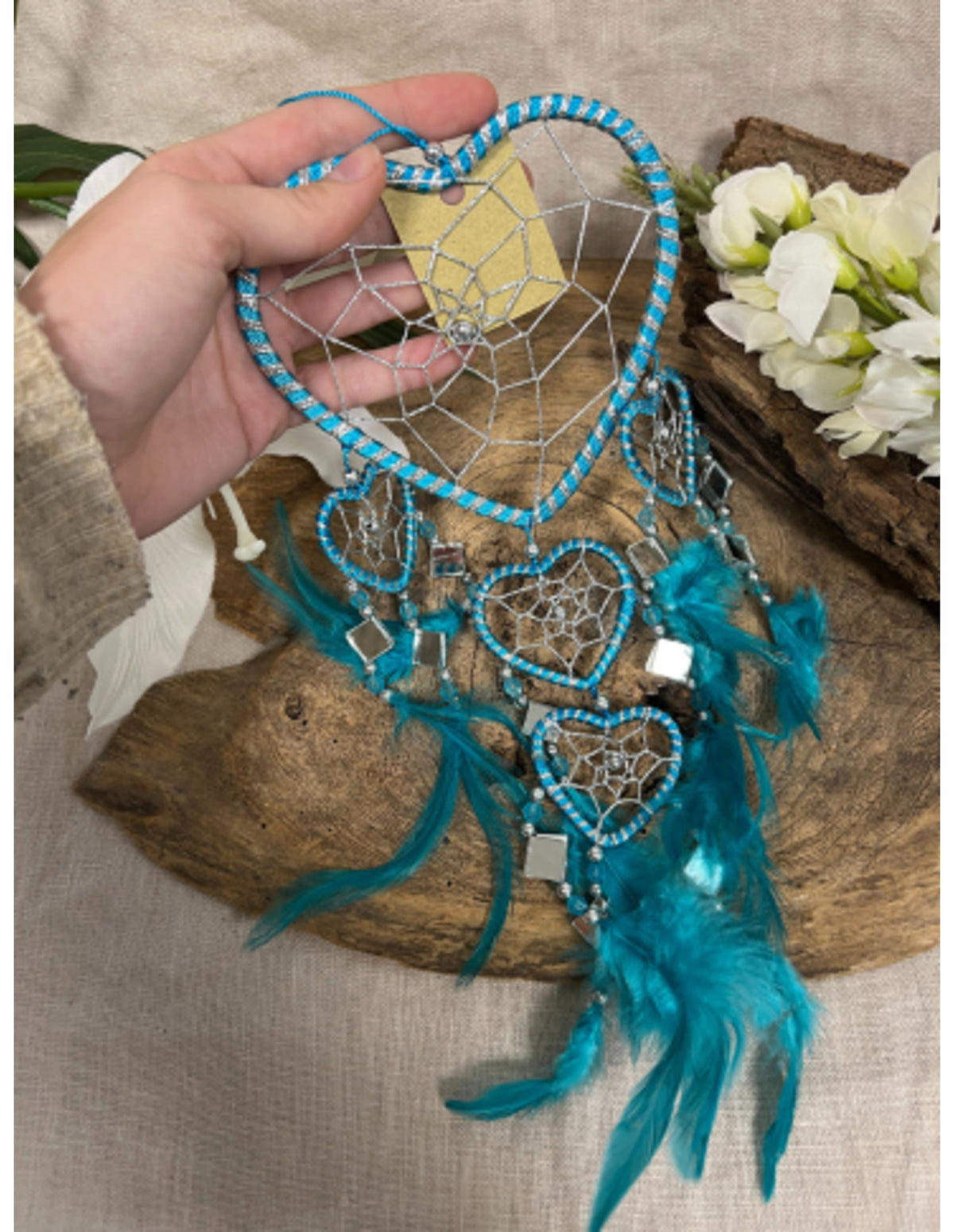 Dromenvanger hartje met spiegels - turquoise - 11 cm - Dreamcatcher