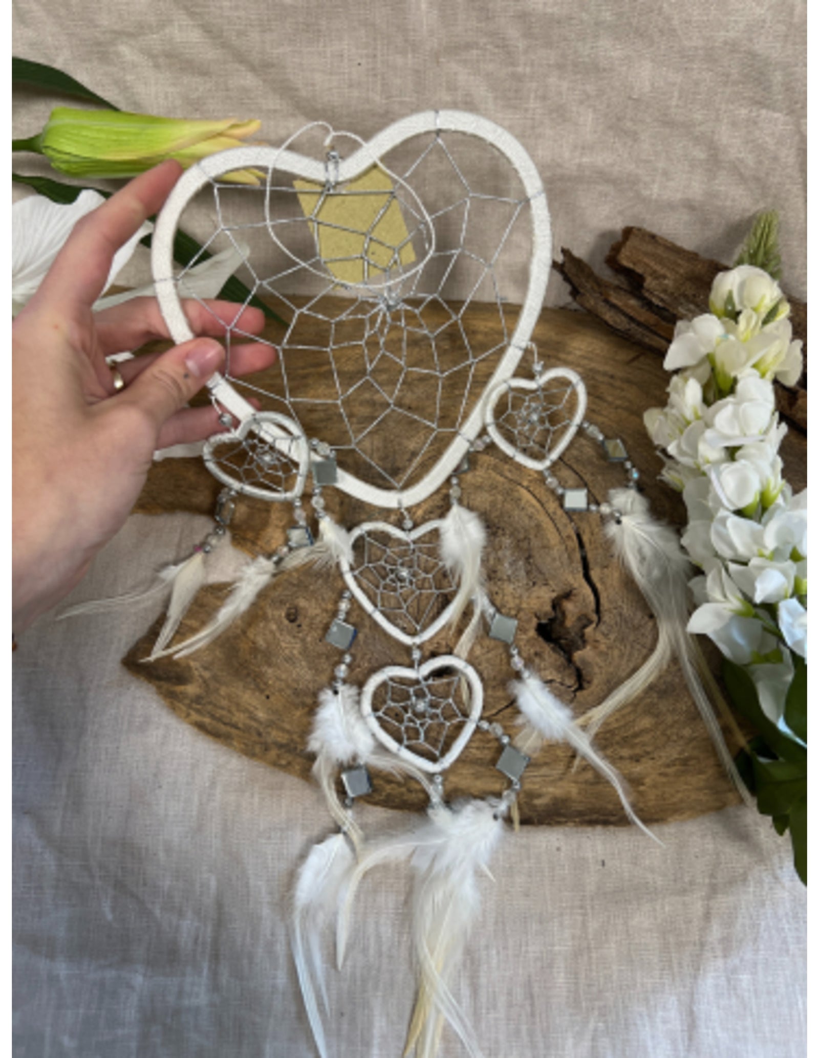 Dromenvanger Hartje met spiegels - wit - 17 cm - Dreamcatcher
