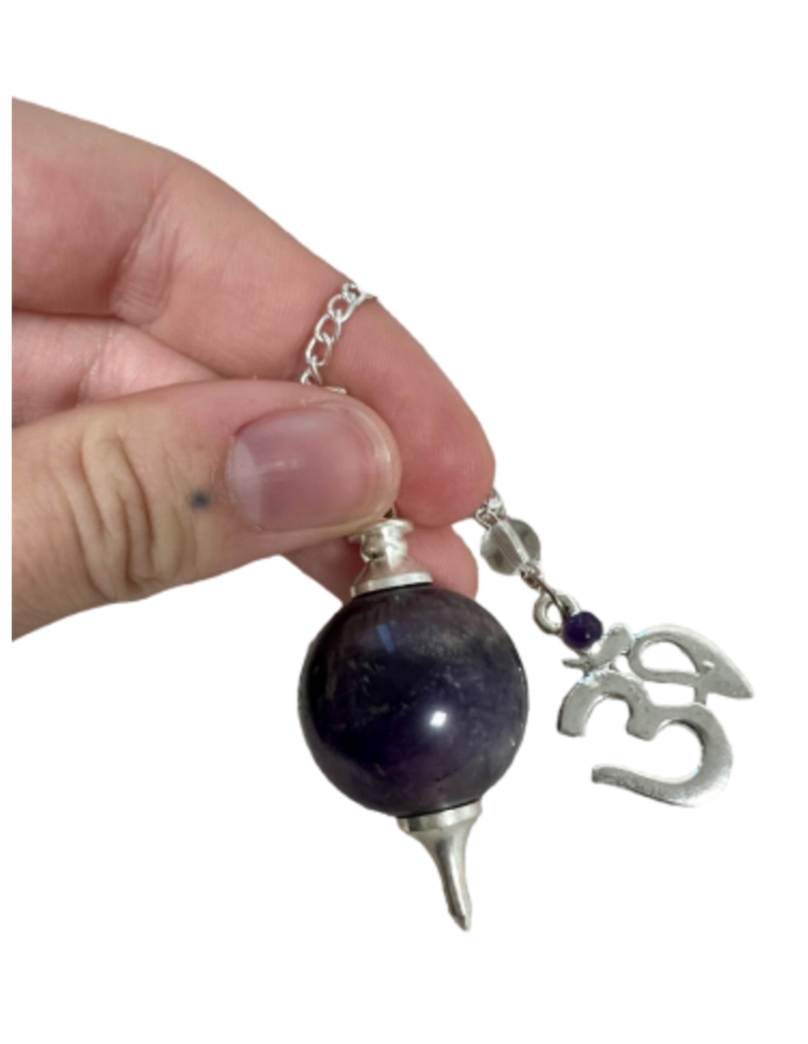 Pendel bol Amethist met Ohm teken - in gratis buideltje - nr 46 - Pendelen - spiritueel - edelsteen - chakra