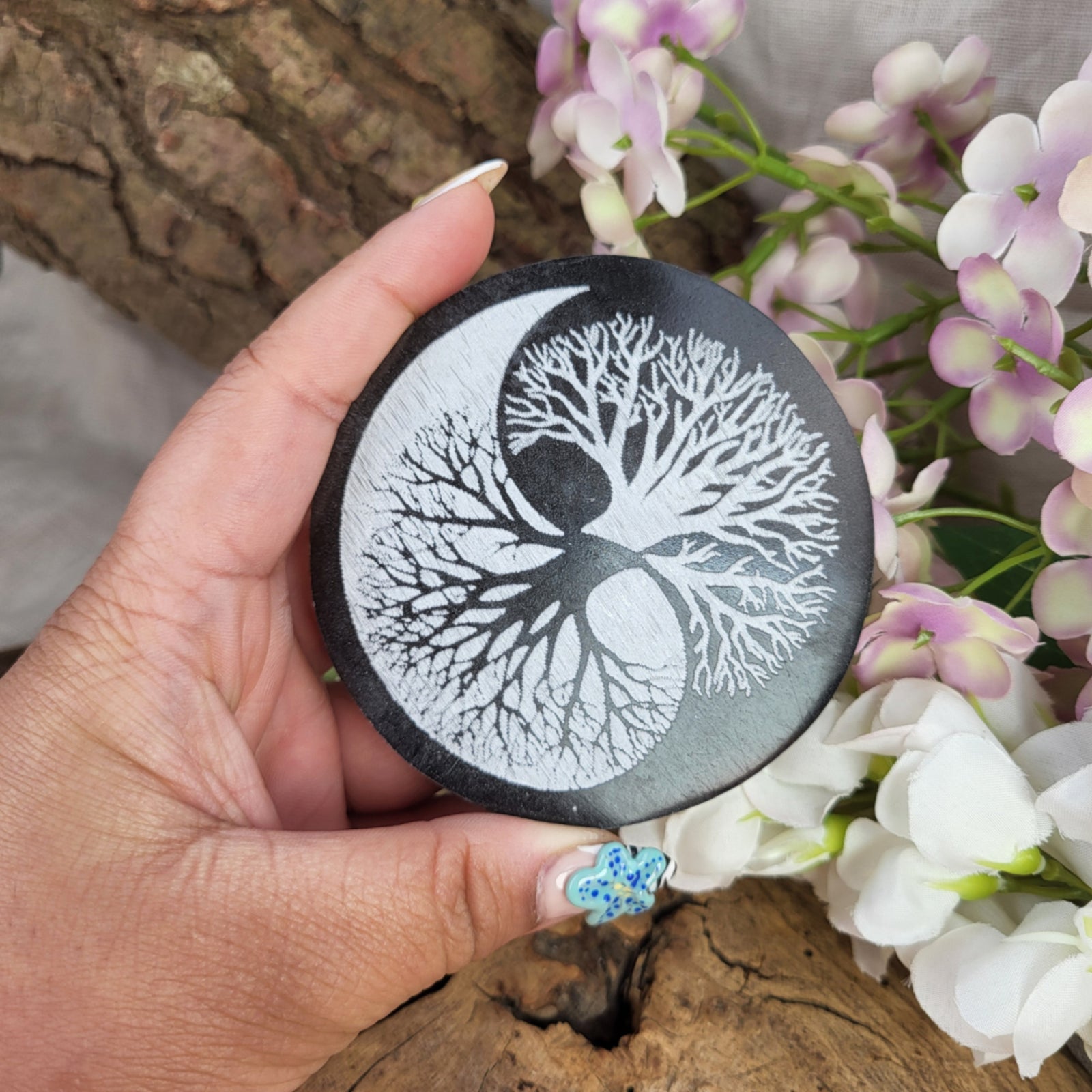 Seleniet oplaadsteen rond levensboom 8 cm Yin/Yang