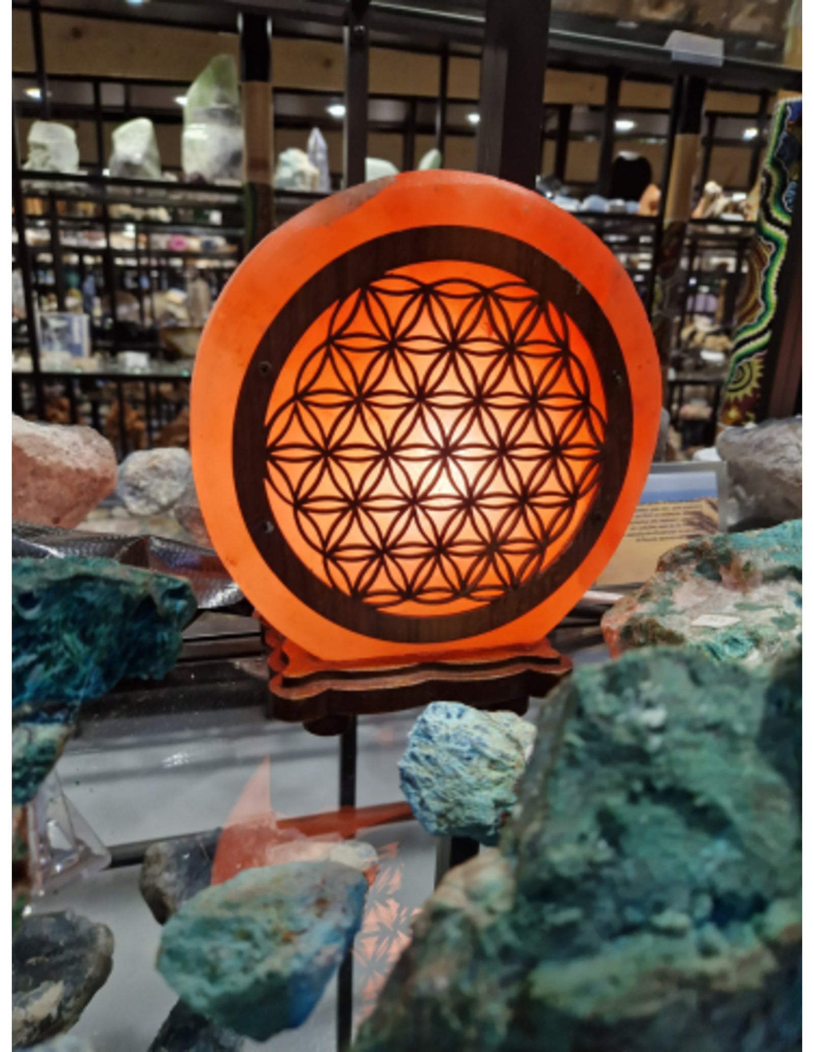 Zoutsteen lamp flower of life rond deco incl. elektra