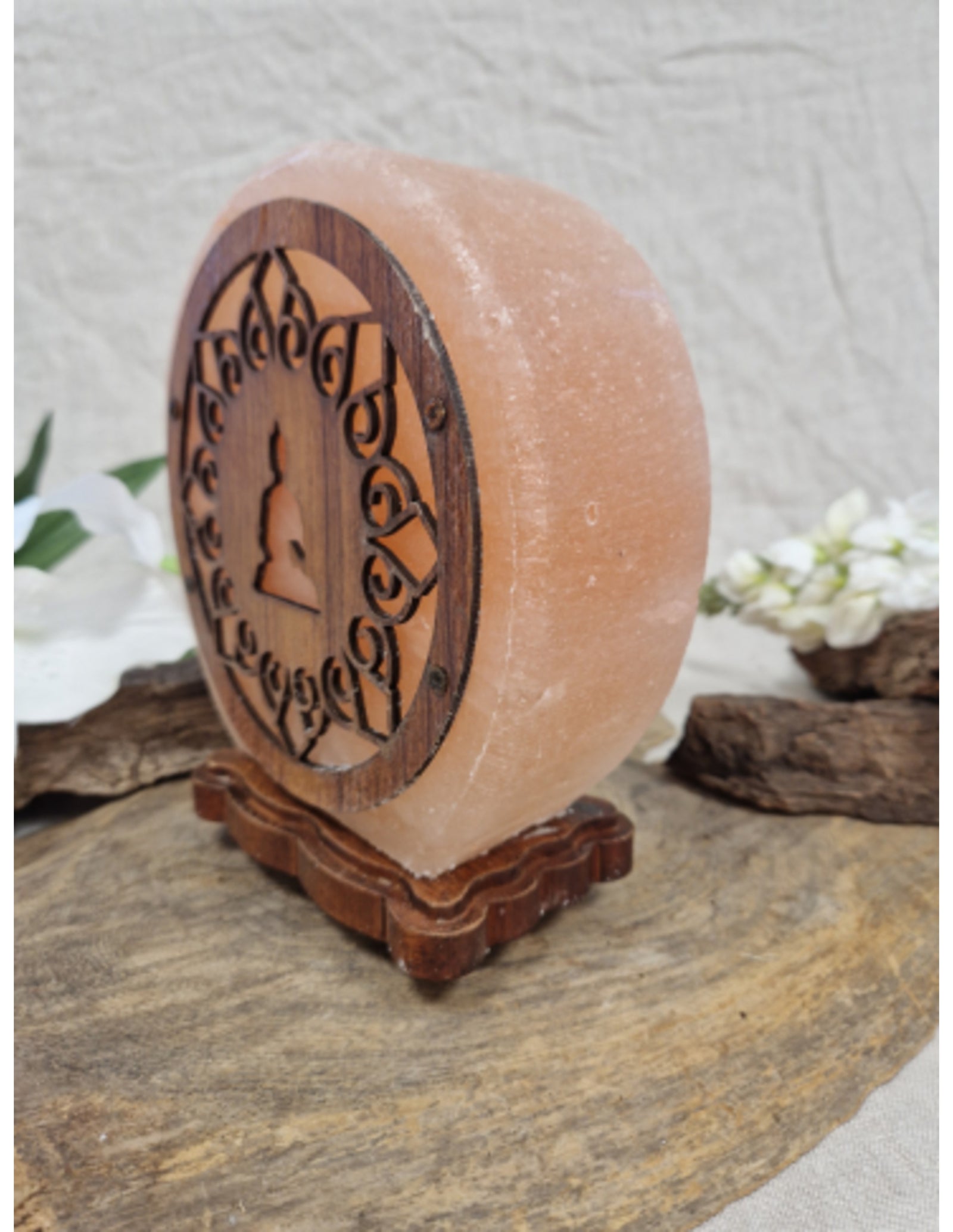 Zoutsteen lamp meditatie boeddha rond deco incl. elektra