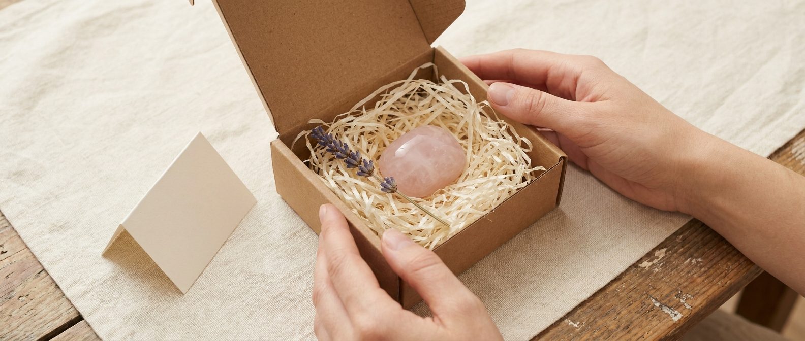 Open kraft cadeaudoosje met rozenkwarts en een takje lavendel op linnen